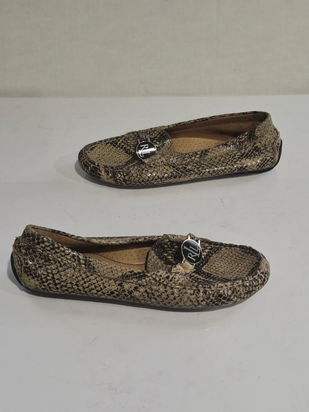 Ralph Lauren Snake-Print Driving Loafers in Beige